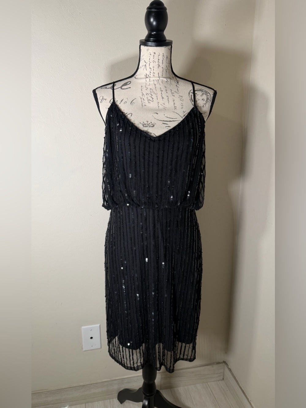 French Connection Black Sequin Spaghetti-Strap Midi Dress